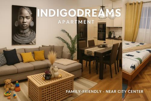 a living room with a couch and a dining room at Indigo Dreams in Ogulin