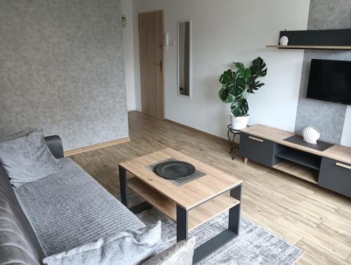 a living room with a couch and a coffee table at Ustecka Muszelka in Ustka