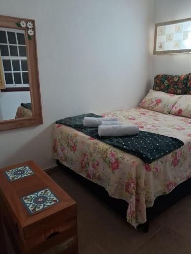 a bedroom with a bed and a mirror at Hospedagem em Bichinho 2 in Prados