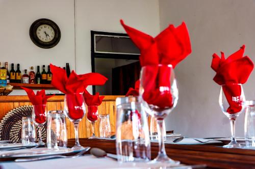 a row of wine glasses with red flowers in them at Destiny Blo Campsite in Kachikau