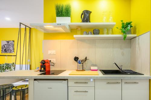 a kitchen with yellow walls and a counter top at Le Viette in Montbéliard