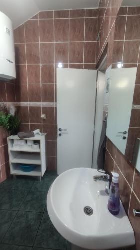 a bathroom with a white sink and a mirror at Woodpecker Backpacker Hostel in Herceg-Novi