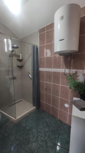 a bathroom with a shower with a glass door at Woodpecker Backpacker Hostel in Herceg-Novi