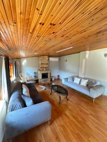 a living room with two couches and a wooden ceiling at Sapanca Orman İçinde Özel Havuzlu Villa in Sakarya