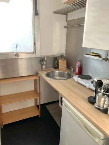 une cuisine avec un évier et un plan de travail dans l'établissement Charming 25m2 studio with panoramic view, à Neuilly-sur-Seine