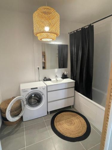 une salle de bain avec une machine à laver et un lavabo dans l'établissement Embarquer sur le navire, à Sète