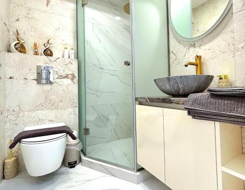 a bathroom with a shower and a toilet and a sink at Luxury design Apartment in Chişinău