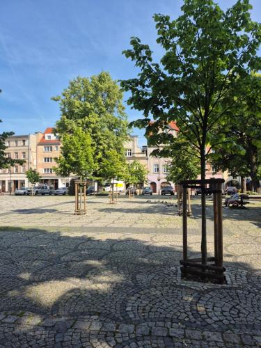 a tree in a park with two play structures at Luxury Apartments Kamienna Góra in Kamienna Góra