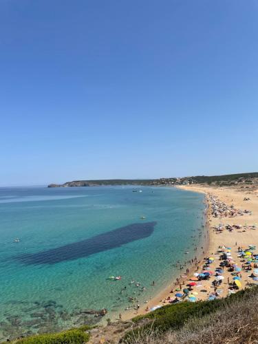 a beach with umbrellas and people in the water at Sabbiamare Relax e Mare in Torre Dei Corsari