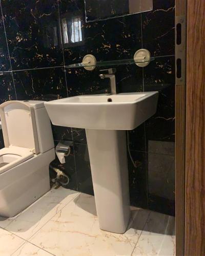 a bathroom with a sink and a toilet at Wellaton Suites in Abuja