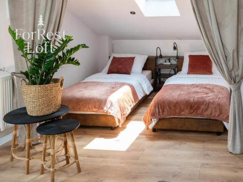 - une chambre avec deux lits et une plante en pot dans l'établissement ForRest Loft, à Poręby Kupieńskie