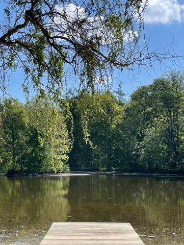 a view of a lake with a wooden dock at Zámecká Stodola - Červený Hrádek u Sedlčan in Sedlčany