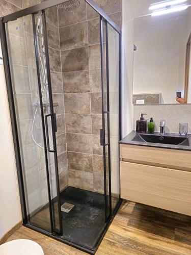 une douche avec une porte vitrée à côté d'un lavabo dans l'établissement Mitrons - 1B, à Saint-Affrique