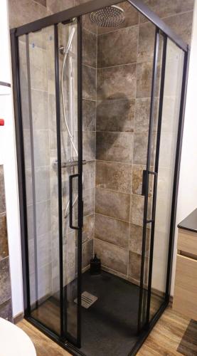 une douche avec une porte vitrée dans une salle de bain dans l'établissement Mitrons - 2B, à Saint-Affrique