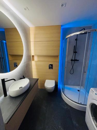 a bathroom with a shower and a toilet and a sink at Premium Apartament Boya 44 in Zgierz