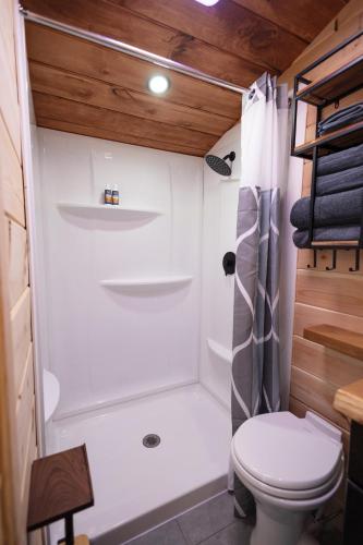 a small bathroom with a toilet and a shower at Floating Tiny Home #1 in Vermilion