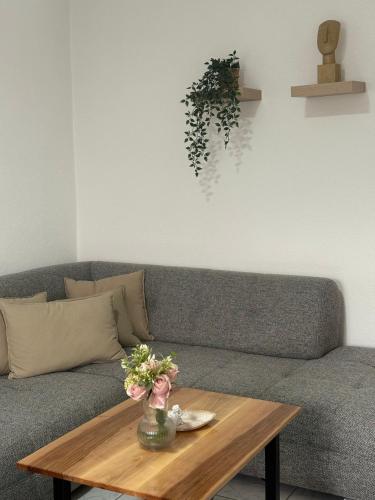 a living room with a gray couch with a wooden coffee table at BELI KAMEN Vikendica in Besenovacki Prnjavor