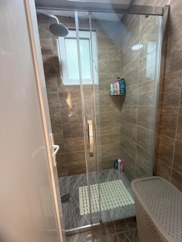 a shower with a glass door in a bathroom at BELI KAMEN Vikendica in Besenovacki Prnjavor