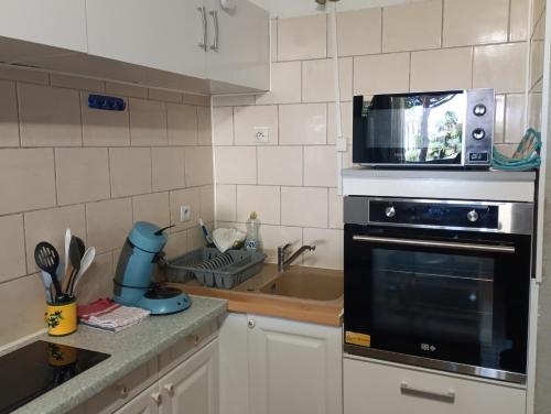 La cuisine est équipée d'un four micro-ondes et d'un évier. dans l'établissement Résidence avec piscine sur quai avec bateau, au Cap d'Agde