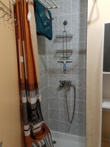 une douche avec un rideau de douche dans une salle de bain dans l'établissement Résidence avec piscine sur quai avec bateau, au Cap d'Agde