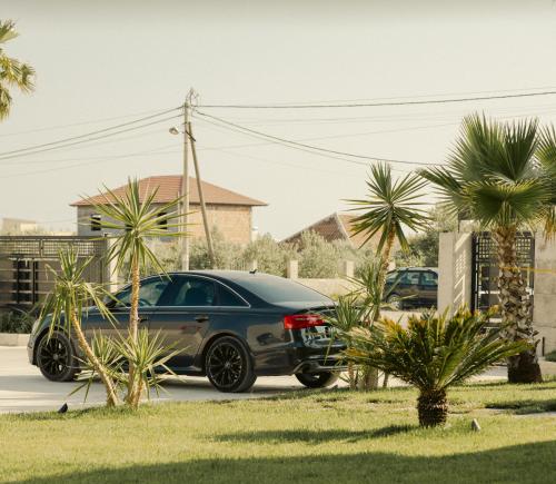 a car parked in a parking lot with palm trees at Siel Hotel in Durrës
