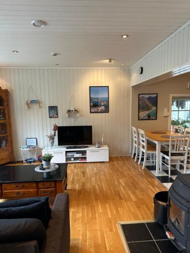 a living room with a couch and a tv and a table at Northern Dream Lofoten in Hovdan
