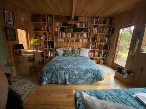 a bedroom with a bed in a room with bookshelves at L'Aquarium de Proust sous les arbres in Lacanau