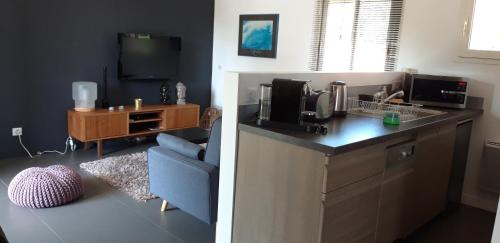 - une cuisine avec un comptoir et un canapé bleu dans une pièce dans l'établissement Appartement Vieux Boucau, à Vieux-Boucau-les-Bains