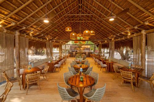 a restaurant with wooden tables and chairs in a room at Hotel San Pedro de Majagua in Isla Grande