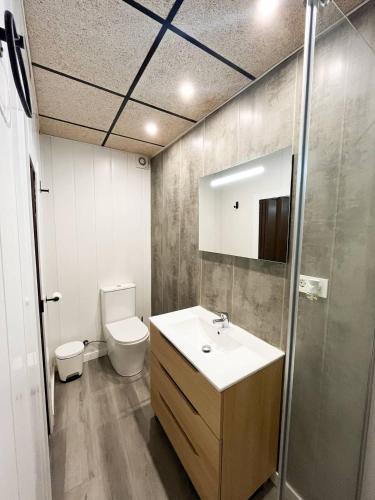 a bathroom with a sink and a toilet and a mirror at Casa Burriana con sauna in Burriana