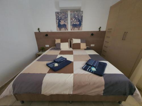 a bedroom with a large bed with blue pillows on it at Lovely ground floor apartment with BBQ in Aglantzia