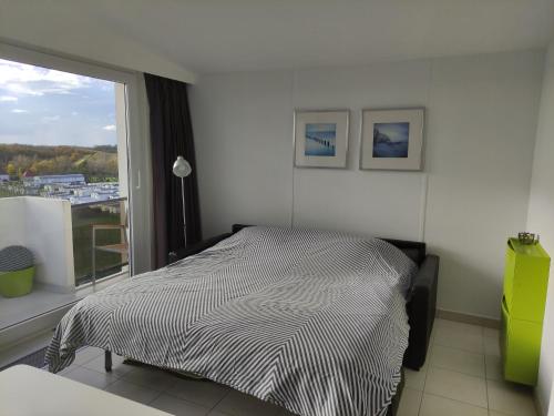 une chambre avec un lit et une grande fenêtre dans l'établissement Appartement Iris, au Coq