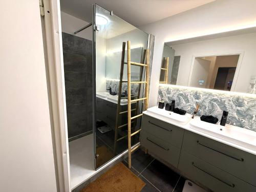 La salle de bains est pourvue d'une douche, de 2 lavabos et d'un miroir. dans l'établissement Cosy T3 - 70 m2 -Montpellier centre ville - Parking, à Montpellier