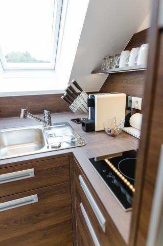 a kitchen with a sink and a stove at Villa zur Schmied'n in Ehrenhausen
