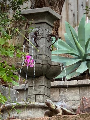 a fountain in a garden with a pink flower at Coastal Hideaway in Carlsbad