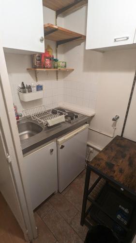 une petite cuisine avec un évier et une cuisinière dans l'établissement Charmant studio calme et lumineux à Notre-Dame, à Paris