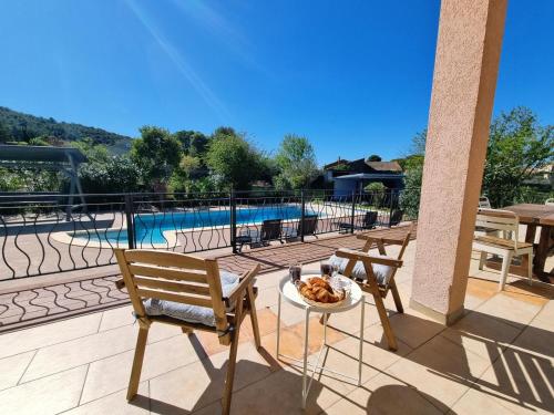 un patio avec une table et des chaises et une piscine dans l'établissement Clos des Oliviers, à Oupia