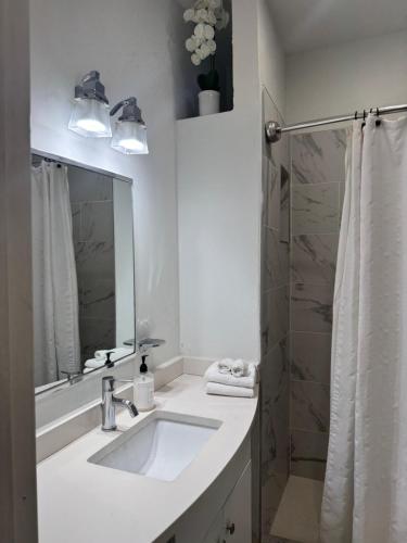 a white bathroom with a sink and a shower at Gorgeous Refurbished 1Bdrm and 1Den Home in Washington
