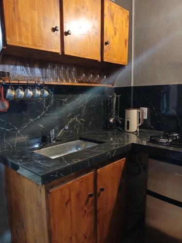 a kitchen with a sink and wooden cabinets at Alojamiento B&B Corrientes in Corrientes