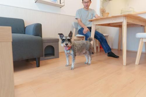 un chien debout dans un salon à côté d'un homme dans l'établissement Habitacion Cottage Suzu, à Fujikawaguchiko