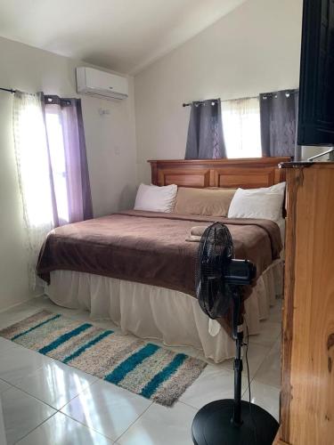 a bedroom with a bed with a fan on the floor at Cove of Paradise in Discovery Bay