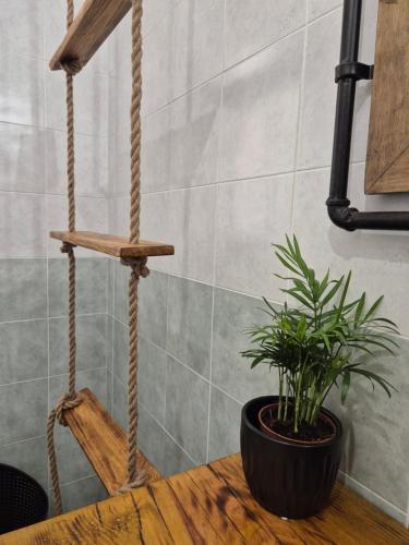 a wooden swing with a plant on a wooden table at Factory 219 Apartment Guidonia in Guidonia