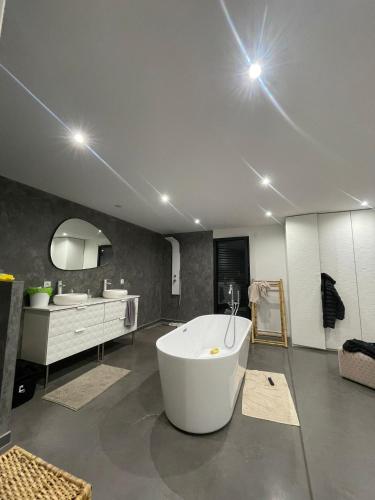 une grande salle de bain avec une baignoire et un lavabo dans l'établissement La Villa du Silence Ouvrier, à Saint-Martin-d'Uriage