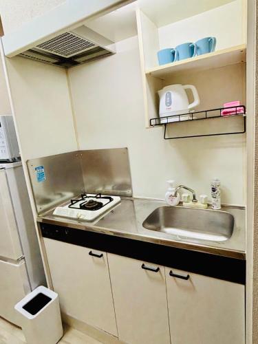 a small kitchen with a sink and a stove at まるまる貸切のアパートマンション名古屋駅エリアから1駅 in Nagoya