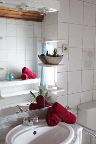 a bathroom with red towels on a sink at Gästehaus Nassfeld in Tröpolach