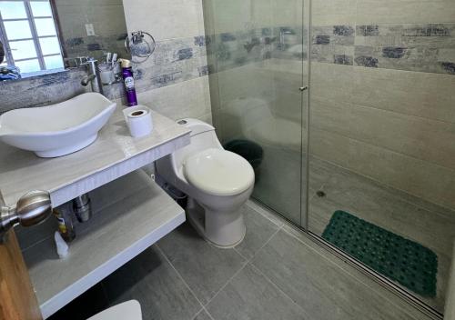 a bathroom with a sink and a toilet and a shower at Cabaña de ensueño en Coveñas in Puerto Viejo