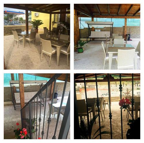 a series of four pictures of a patio with tables and chairs at Pit Lane AFFITTACAMERE in Offida