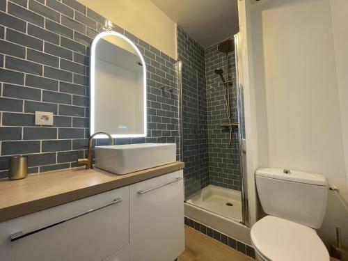 une salle de bain avec un lavabo, des toilettes et un miroir dans l'établissement Apartment in Le Mans near Train Station, au Mans