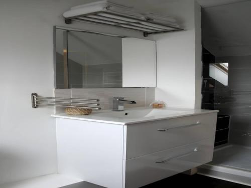 une salle de bain blanche avec un lavabo et un miroir dans l'établissement Apartment in Le Mans near Paris by TGV, au Mans