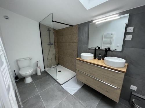 une salle de bain avec un lavabo, une douche et des toilettes dans l'établissement Apartment in Le Mans near Historic Center, au Mans